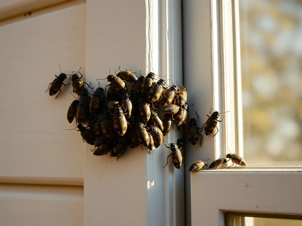 Box elder bugs massed on sunlit siding beside a window frame.