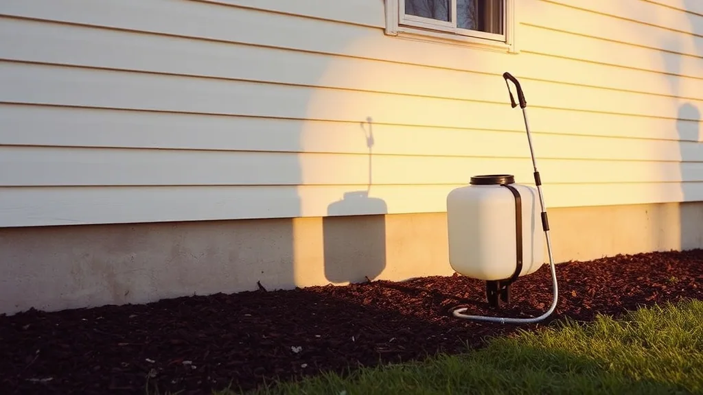 A pump sprayer standing on the mulch bed against the pale siding of a house in low evening sun.
