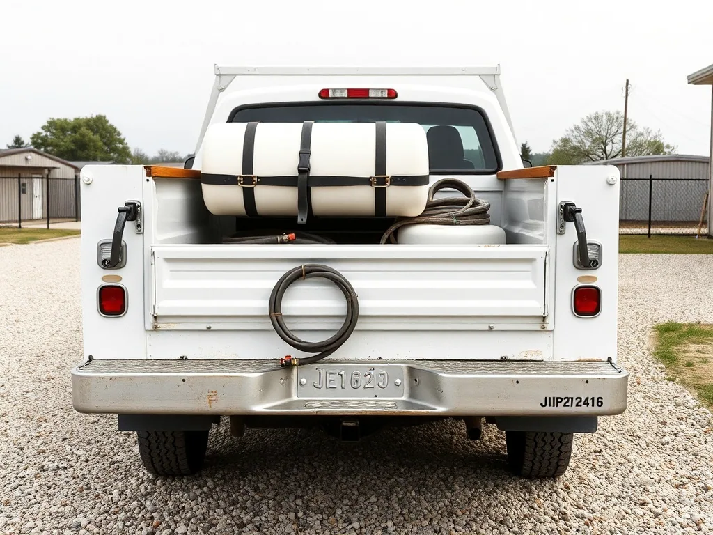 A white service pickup on a gravel drive with a poly tank strapped in the bed and a coiled hose beside it.