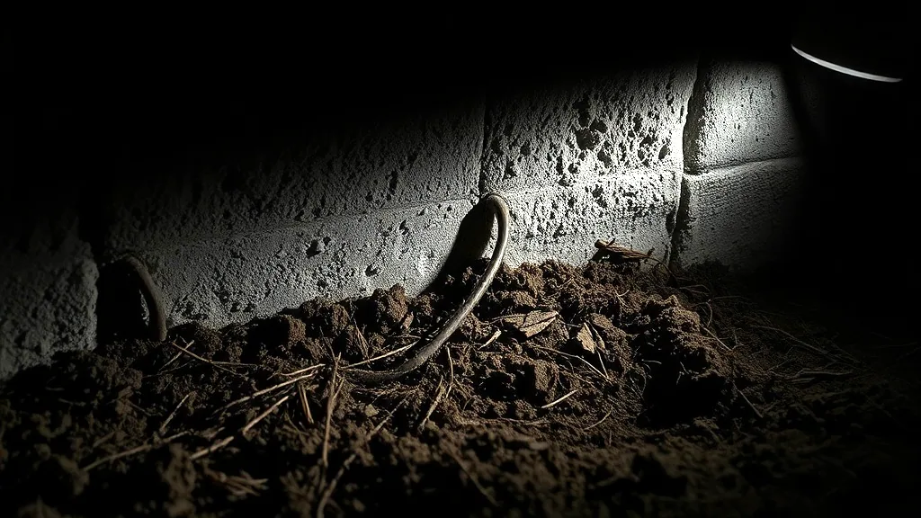 A torch beam across a damp foundation wall in a crawl space, soil banked against the block at the base.